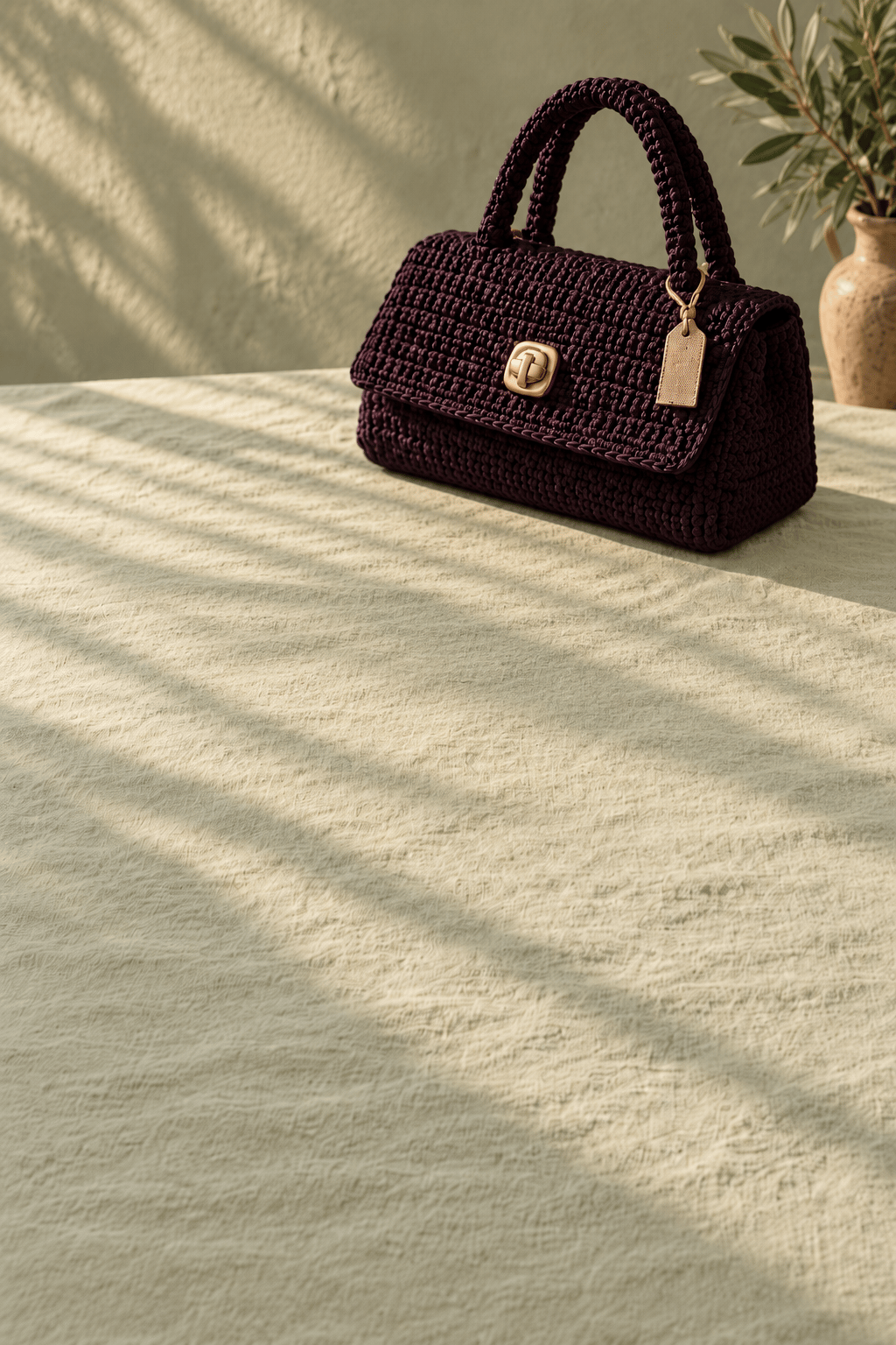 Una borsa all'uncinetto color prugna su una tavola coperta di lino, al sole del pomeriggio